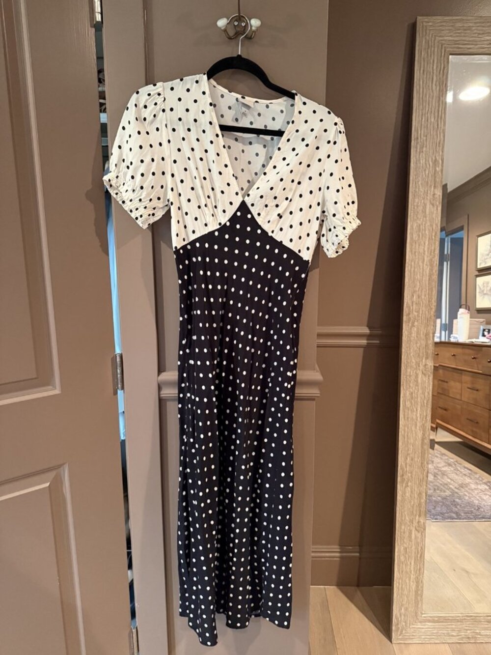 A New Day Polka Dot Contrast Collar Puff Sleeve Midi Dress S